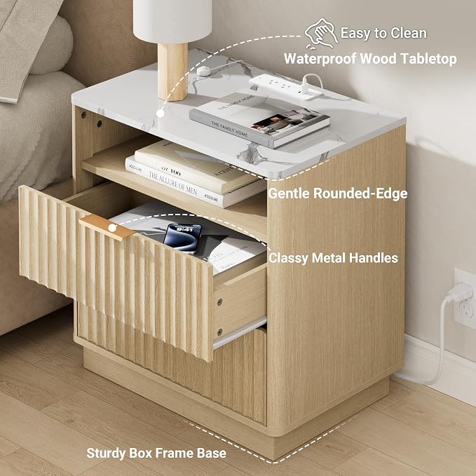 Fluted Nightstand, Night Stand Set 2, 23" Wide Nightstands Set of 2 with Charging Station & Faux Marble Top, 2 Drawer Large End Table w/Storage, Modern Bedside Table for Bedroom,Natural Oak