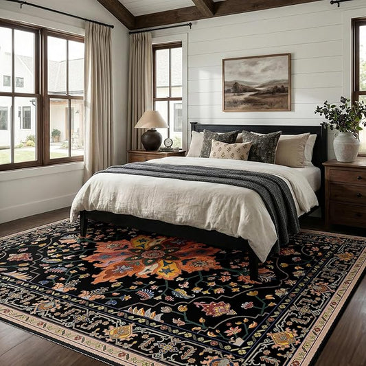 RELEANY Area Rugs 6'x9' Washable Non-Slip, Floral Vintage Distress Medallion Carpet for Living Room Bedroom Dining Room, Black Colorful Floral Dark Tan