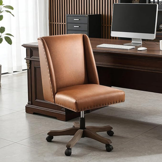 Zihanhome Armless Office Chair with Wooden Legs, Modern Adjustable Home Office Chair Computer Chair Swivel Chair for Home Office Study Studio (PU Brown)