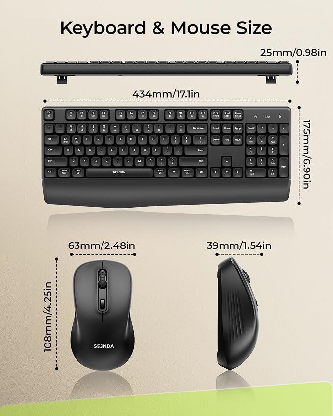 seenda Wireless Bluetooth Keyboard Mouse Combo, COE200 Ergonomic Keyboard with Wrist Rest, Silent Mouse, Multi-Device Connection, Full-Size Compatible for Windows PC Laptop Mac MacBook, Black