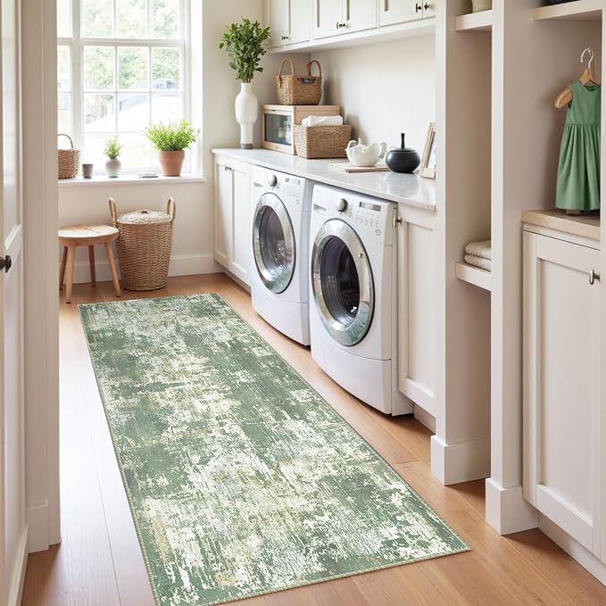 RELEANY Washable Area Rugs 2'x8' Non-Slip Modern Abstract Soft for Living Room Entryway Bedroom Kitchen, Print Pattern, Light Green/Yellow