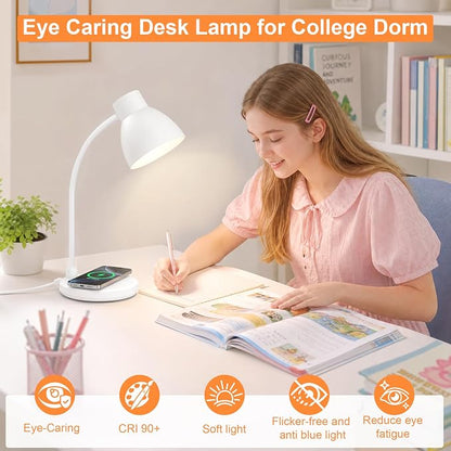 Desk Lamp for Home Office - LED Desk Lamp with Wireless Charger, 3 Color Modes Dimmable Eye-Caring Study Reading Desk Light, Small Flexible Arm Table Lamp for College Dorm Room Bedside, White