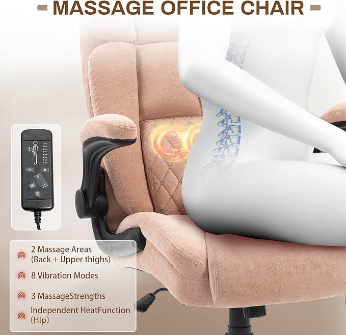 Massage Office Chair,500LBS Ergonomic Rocking Executive Desk Chairs with 4 Points Vibration&Heat,Padded Flipup Armrests for Big and Tall Office Chair,Swivel Computer Chair Fabric Pink