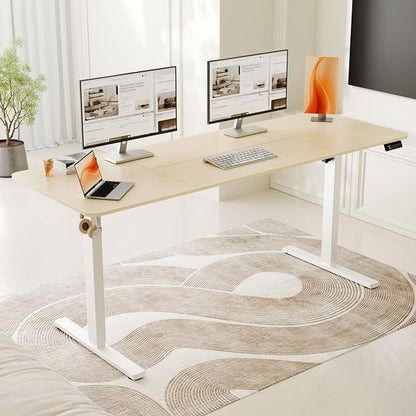 ERGOMAKER Electric Standing Desk, 67" x 23.6" Height Adjustable Sit Stand Desk with Splice Board for Home Office, Computer Desk Memory Preset (White Frame, Gold Oak Desktop)
