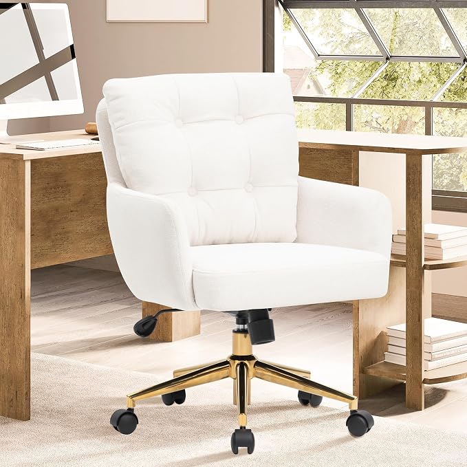 Flannel Office Chair Vanity Chair Comfy Home Office Desk Chairs with Lumbar Support, Modern Plush Fabric Desk Gold Legs Swivel Task for Home Office Bedroom Study White Upgraded Version