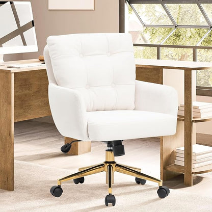 Flannel Office Chair Vanity Chair Comfy Home Office Desk Chairs with Lumbar Support, Modern Plush Fabric Desk Gold Legs Swivel Task for Home Office Bedroom Study White Upgraded Version