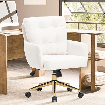 Flannel Office Chair, Comfy Home Office Desk Chairs with Lumbar Support, Modern Velvet Desk Chair Gold Legs Small Swivel Task Chair for Home Office, Bedroom, Study (Beige, L)