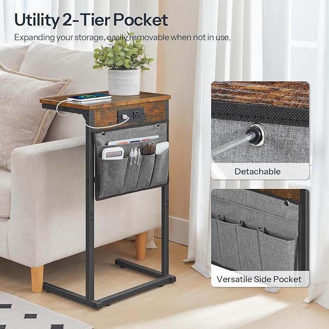 HOOBRO C Shaped End Tables with Charging Station, Set of 2, 28" H Couch Side Tables Slide Under, Sofa Arm Tray Tables with Storage Bag for Living Room, Recliner, Rustic Brown BF70USFP201