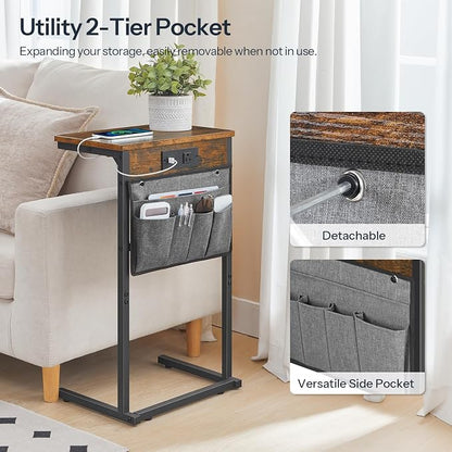HOOBRO C Shaped End Tables with Charging Station, Set of 2, 28" H Couch Side Tables Slide Under, Sofa Arm Tray Tables with Storage Bag for Living Room, Recliner, Rustic Brown BF70USFP201