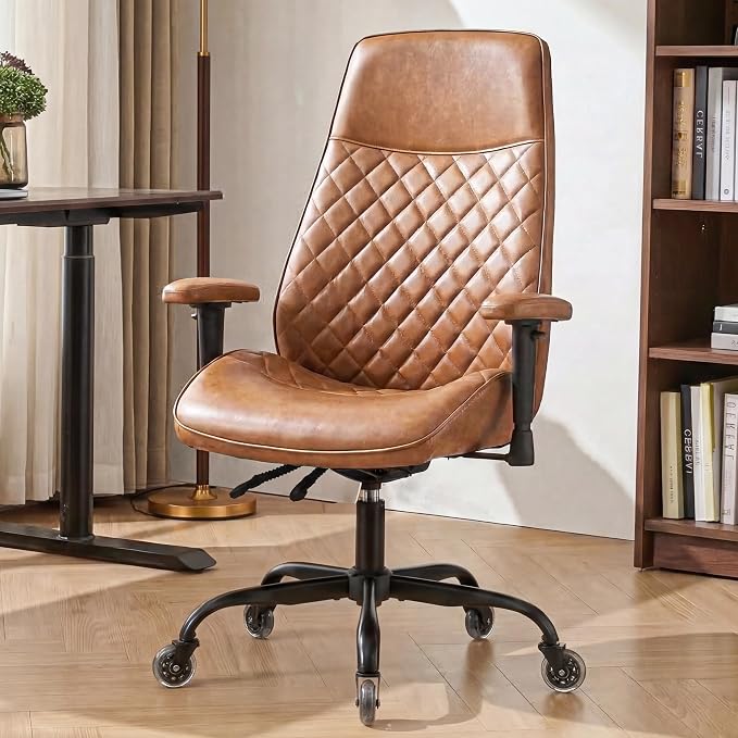 NEO CHAIR Ergonomic Leather Office Desk Chair with Adjustable Height Armrests High Back Lumbar Support Swivel Executive Computer Chair with Wheels Comfy Home Office Chair for Adults (Brown)