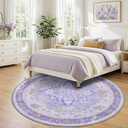 RELEANY Area Rugs Round 8ft Washable Non-Slip, Floral Vintage Distress Medallion Carpet for Living Room Bedroom Dining Room, Light Purple Brown