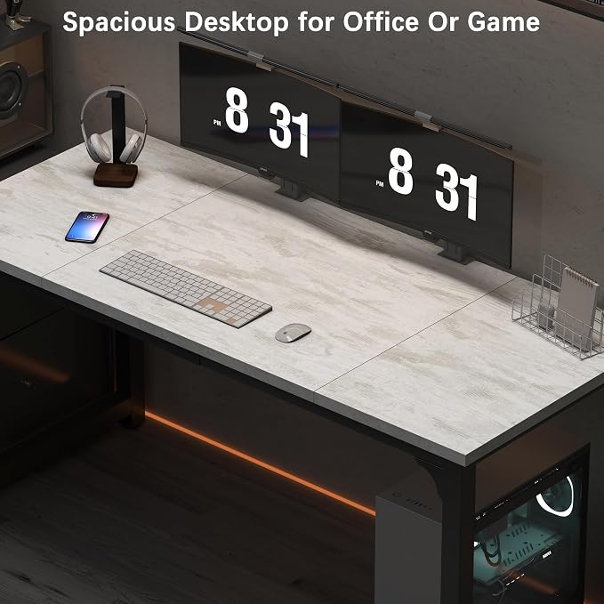NSdirect 63" Large Computer Desk,Modern Simple Style PC Table Office Desk Wide Workstation for Study Writing,Gaming and Home Office,Extra 1" Thicker Wooden Tabletop and Black Metal Frame,White+Black