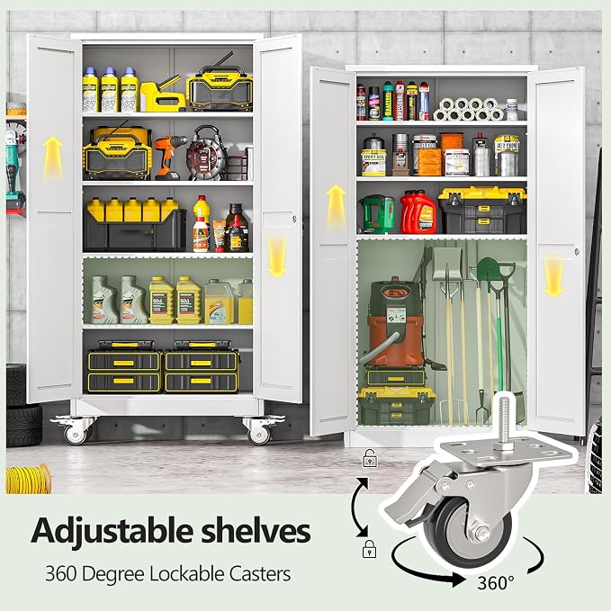 Metal Garage Storage Cabinets and storage system, 71”Tall Rolling utility cabinet with Wheels, Lock, 4 Adjustable Shelves, Heavy Duty Steel Tool Locker for Home Office, Utility Room, Gym,White
