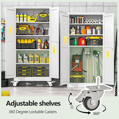 Metal Garage Storage Cabinets and storage system, 71”Tall Rolling utility cabinet with Wheels, Lock, 4 Adjustable Shelves, Heavy Duty Steel Tool Locker for Home Office, Utility Room, Gym,White