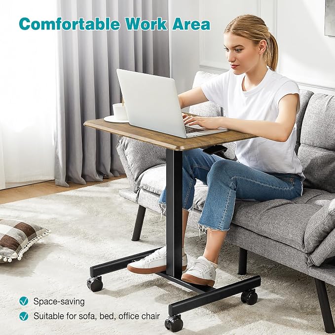 DUMOS Small Standing Desk Mobile Portable Rolling Laptop PC Table on Wheels Adjustable Height Computer Workstation for Home Office Small Space, 19 Inch, Modern Brown