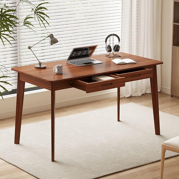 Timechee 47 Inch Compact Computer Gaming Desk, Study Work Office Desk with 2 Storage Drawers, Rectangular Study Reading Table, Simple Computer Writing Table for Home Office, Living Room,Walnut Color