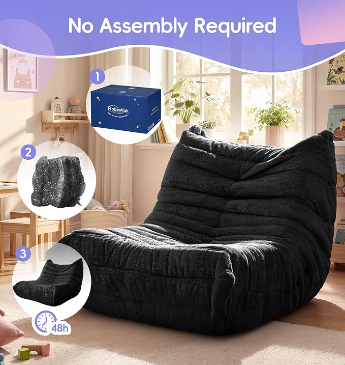 Hobestluk Medium Bean Bag Chair Faux Fur Fabric BeanBag Couch for Playroom | Black Plush,Ergonomic Design,Memory Foam,Strong Supportive,No Assembly Required,Decorative Style for Living Room Bedroom