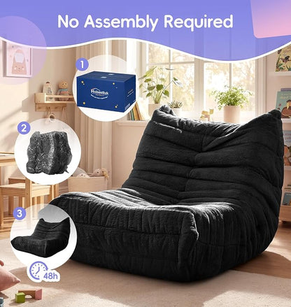 Hobestluk Medium Bean Bag Chair Faux Fur Fabric BeanBag Couch for Playroom | Black Plush,Ergonomic Design,Memory Foam,Strong Supportive,No Assembly Required,Decorative Style for Living Room Bedroom