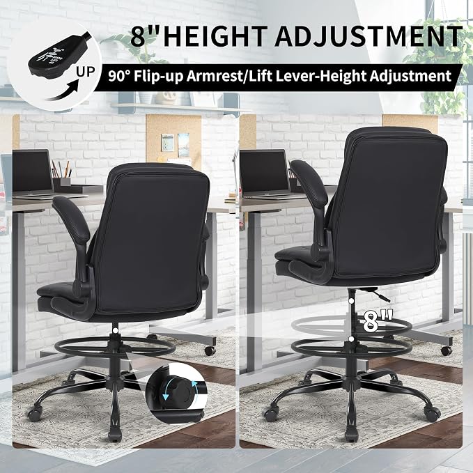 Misolant Drafting Chair, Tall Office Chair for Standing Desk, High Leather Executive Office Chair with Adjustable Height and Flip-up Armrest for Counter Height Desk