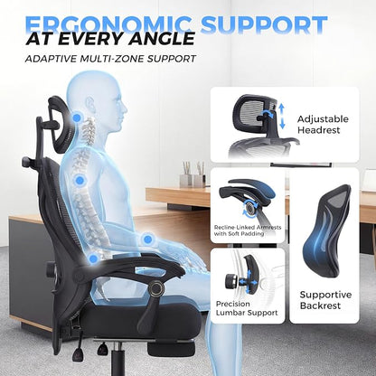 Ergonomic Office Chair - Adjustable Lumbar & Headrest, 90-160° Reclining with Footrest, Breathable Mesh Back - Home Office/Gaming Computer Chair