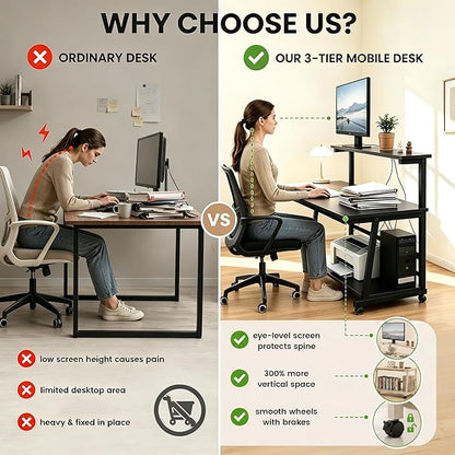47.2 Inch Compact Rolling Computer Desk with Tier Worktable & Lockable Wheels, Small Computer Desk, Small Desk for Bedroom, Mobile Writing Workstation Easy Assembly for Home Office Small Spaces