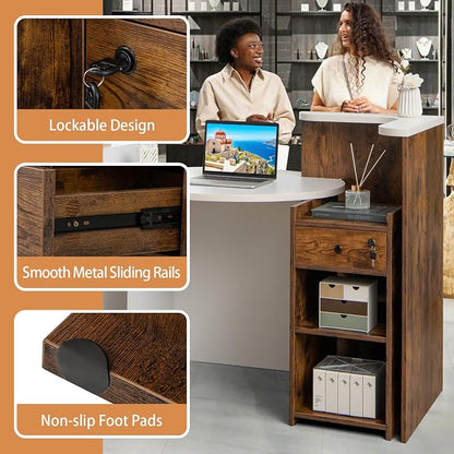 Tangkula Reception Desk, Front Counter Desk with Lockable Drawer & Adjustable Shelf, Oval Desktop, Retail Counter for Checkout, Computer Workstation for Salon Lobby Home Office
