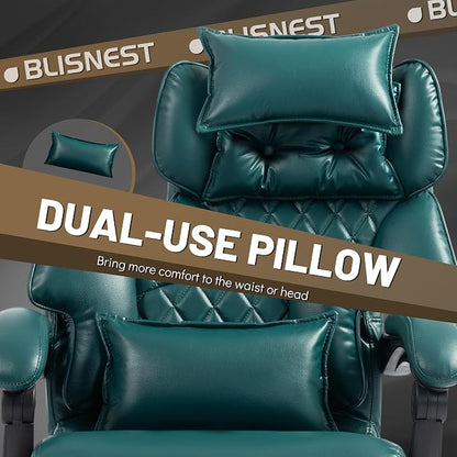 Massage Office Chair with Foot Rest,6 Points Vibration&Heat Executive Office Chairs,Big and Tall Office Chair 500LBS,Ergonomic Desk Chair for Heavy People,Home and Office Computer Chair,Green PU