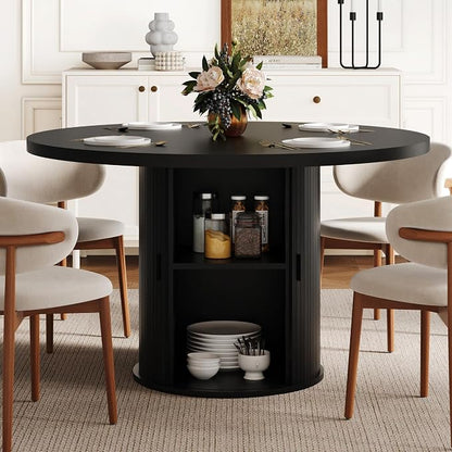 47 inch Round Dining Table for 4-6, Dinner Table with 2-Layer Storage Shelf, Morden Circle Kitchen Table with Wooden Strip Base and Wood Slide Door for Home Dining Room, Living Room, Black