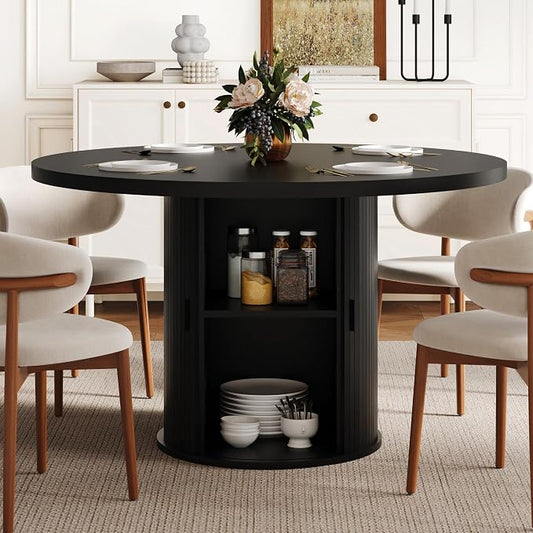 47 inch Round Dining Table for 4-6, Dinner Table with 2-Layer Storage Shelf, Morden Circle Kitchen Table with Wooden Strip Base and Wood Slide Door for Home Dining Room, Living Room, Black