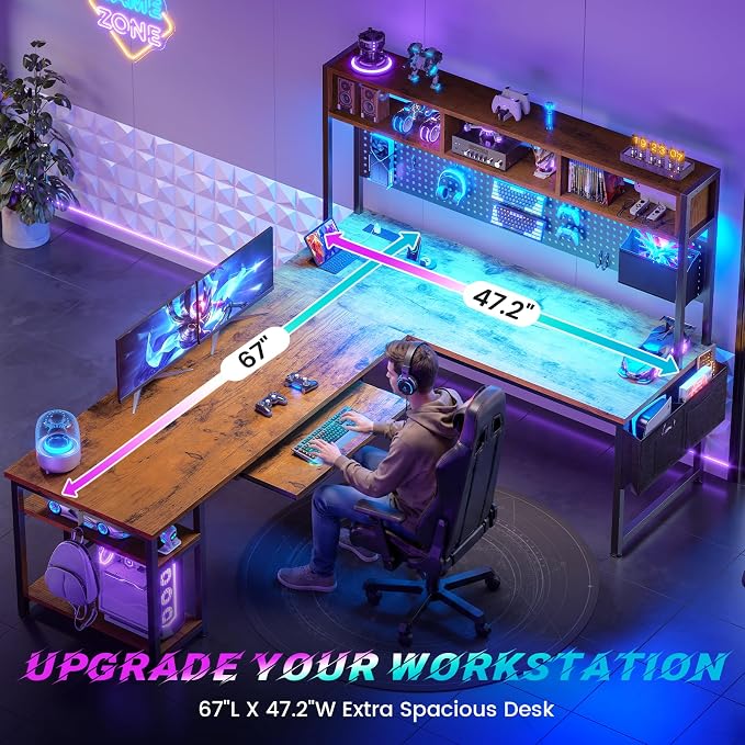 SEDETA L Shaped Computer Desk, Reversible Corner Desk with Power Outlet and Pegboard, Computer Desk with Led Lights, Keyboard Tray, Headphone Hook and Storage Shelves, Rustic Brown