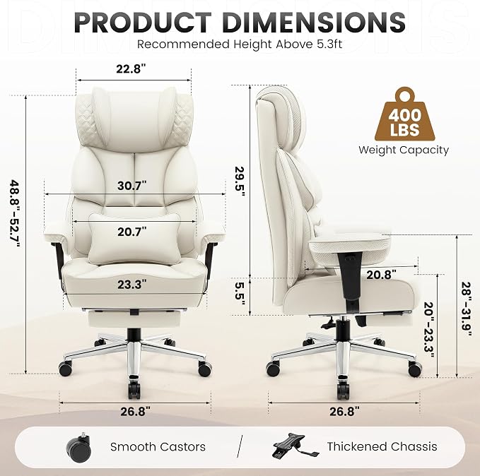 BestGlory Office Desk Chair, Big and Tall Leather Gaming Chair with Footrest, Ergonomic Comfy Executive High-Back Reclining Computer Chairs, Wide Swivel Rolling Wheels and Padded Lumbar Support, White