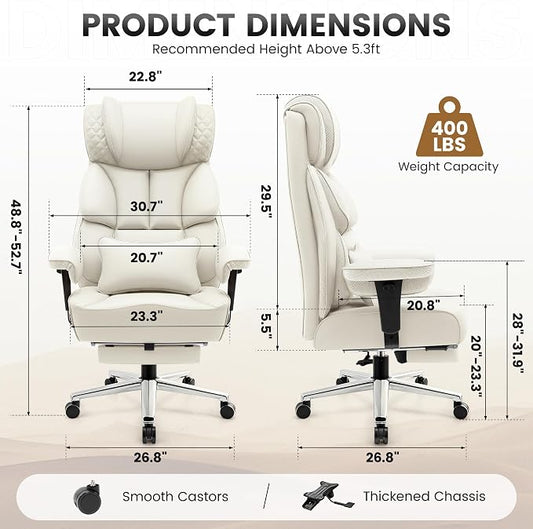 BestGlory Office Desk Chair, Big and Tall Leather Gaming Chair with Footrest, Ergonomic Comfy Executive High-Back Reclining Computer Chairs, Wide Swivel Rolling Wheels and Padded Lumbar Support, White