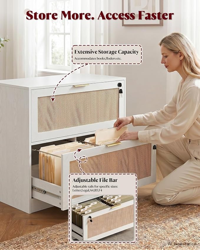 HOPUBUY 2 Drawer File Cabinet with Lock, Printer Stand Lateral Filing Cabinets for Home Office and School, Wood Rattan File Cabinet for Hanging Files/Letter/Legal/A4/F4 Size, White