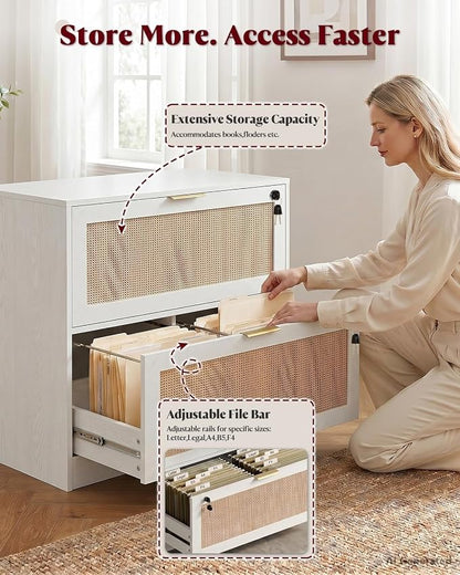 HOPUBUY 2 Drawer File Cabinet with Lock, Printer Stand Lateral Filing Cabinets for Home Office and School, Wood Rattan File Cabinet for Hanging Files/Letter/Legal/A4/F4 Size, White