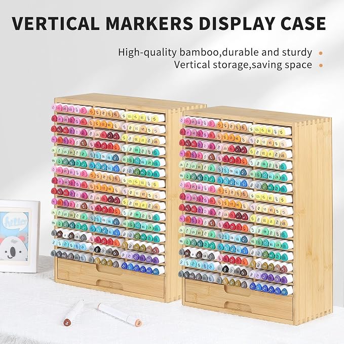AUTOARK Bamboo Marker Organizer for 225 Markers,AHK-063 | Desktop Storage with Drawers,Art Markers Pens Pencils Brushes,Stationary Organizer