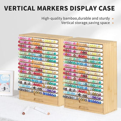 AUTOARK Bamboo Marker Organizer for 225 Markers,AHK-063 | Desktop Storage with Drawers,Art Markers Pens Pencils Brushes,Stationary Organizer