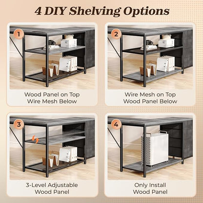 PRAISUN 53" L Shaped Desk with Power Outlets & USB-C Port, Reversible Computer Corner Office Desk with 4 Fabric Drawers and 2 Storage Shelves, Large Desk for Gaming Writing Work Study, Grey
