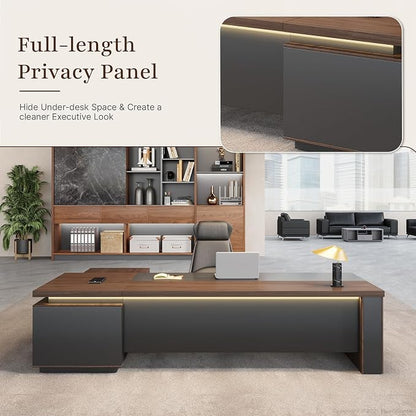 63" Reversible L-Shaped Executive Desk with Locking Drawers, Compact Office Desk for Home & Manager Office, Power Outlet, USB Ports, Storage Shelves, Privacy Panel & LED Light, Walnut Gray