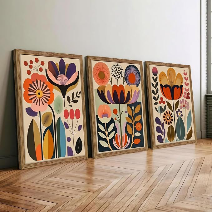 Framed Colorful Floral Wall Art Set of 3, Abstract Scandinavian Flower Canvas Wall Decor Paintings, Mid Century Modern Botanical Artwork Pictures Prints for Living Room Bedroom Dining Room 16x24 Inch