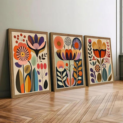 Framed Colorful Floral Wall Art Set of 3, Abstract Scandinavian Flower Canvas Wall Decor Paintings, Mid Century Modern Botanical Artwork Pictures Prints for Living Room Bedroom Dining Room 16x24 Inch