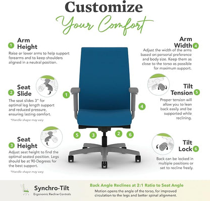 HON Ignition 2.0 Ergonomic Office Chair with Adjustable Arms, Advanced Synchro‑Tilt Recline, Upholstered Desk and Computer Chair for Home Office or Workstation, Titanium Frame, Peacock