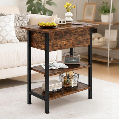 GRUSIGN End Table with Charging Station, Flip Top Side Table with USB Ports and Outlets, 3-Tier Small Side Table with Storage for Small Space, End Tables for Living Room/Bedroom, Brown