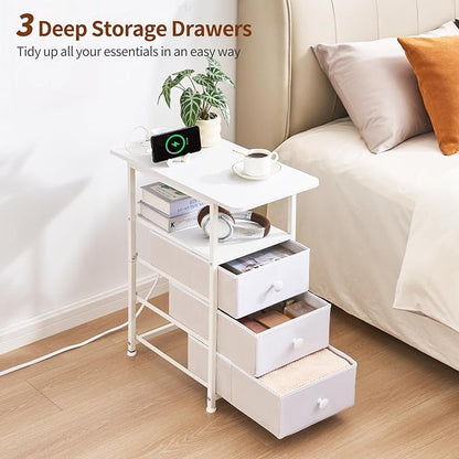 DALEMHOME Narrow End Table with Charging Station, Narrow Side Table with 3 Fabric Drawers, Slim Nightstand with LED Light, Small Table with Storage, Living Room, Bedroom, White HKET1303WT