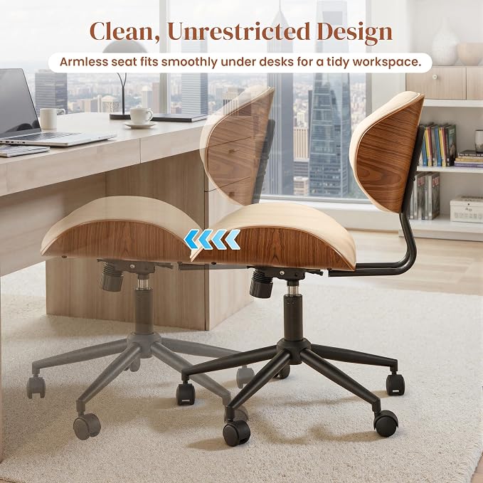 Home Office Desk Chair with Wheels, Adjustable Height Armless Desk Chairs, PU Leather Mid Back 360° Small Computer Chair for Study Meeting Makeup Room (White Stripe)