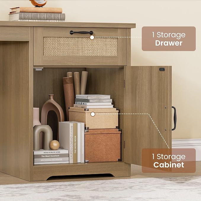SEDETA 63" Rattan L Shaped Desk with Drawers, Farmhouse Corner Computer Desk, Wood Office Desk with File Drawers with Storage, Executive Desk with Monitor Stand and Storage Cabinet, Oak