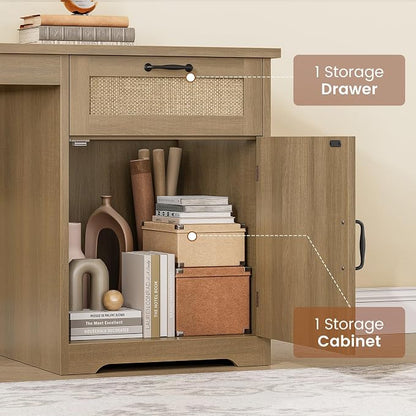 SEDETA 63" Rattan L Shaped Desk with Drawers, Farmhouse Corner Computer Desk, Wood Office Desk with File Drawers with Storage, Executive Desk with Monitor Stand and Storage Cabinet, Oak