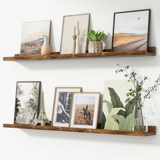 FLYJOE Picture Ledge Shelf, Floating Shelves Set of 2, 44 Inches Nursery Book Shelves for Toys Storage, Kids Bookshelf Wall Mounted for Living Room Bedroom Decor Books Photo Frames, Rustic Brown