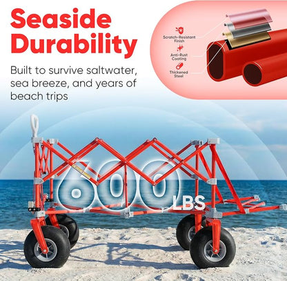 Sekey Heavy Duty Beach Wagon with 9" Big Sand-Proof Wheels, 300L Oversized Foldable Beach Cart with Cooler| Adjustable Handle & Balloon Tires for Sand, Camping,Vacation
