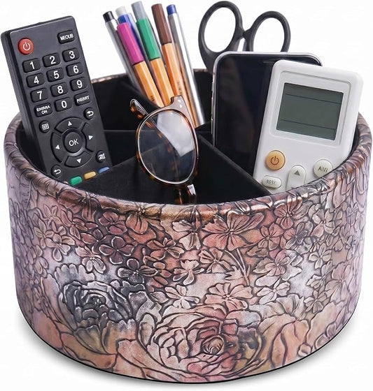 Remote Control Holder, 360°Spinning PU Leather Desk TV Remote Caddy,Desk Storage Box Room Accessories for Controller, Media,Mail,Calculator, Mobile Phone,Pencil(1B-Rich Flower Gold)