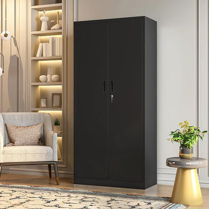 Metal Garage Storage Cabinets,71” Tall Metal Storage Cabinet with Lock and 5 Adjustable Shelves, Locking Cabinets for Office, Home, Garage, Warehouse 71" H x 32" W x 16" D (Black)